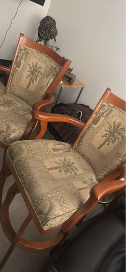 Wood Dining Chairs with Palm Tree Upholstery