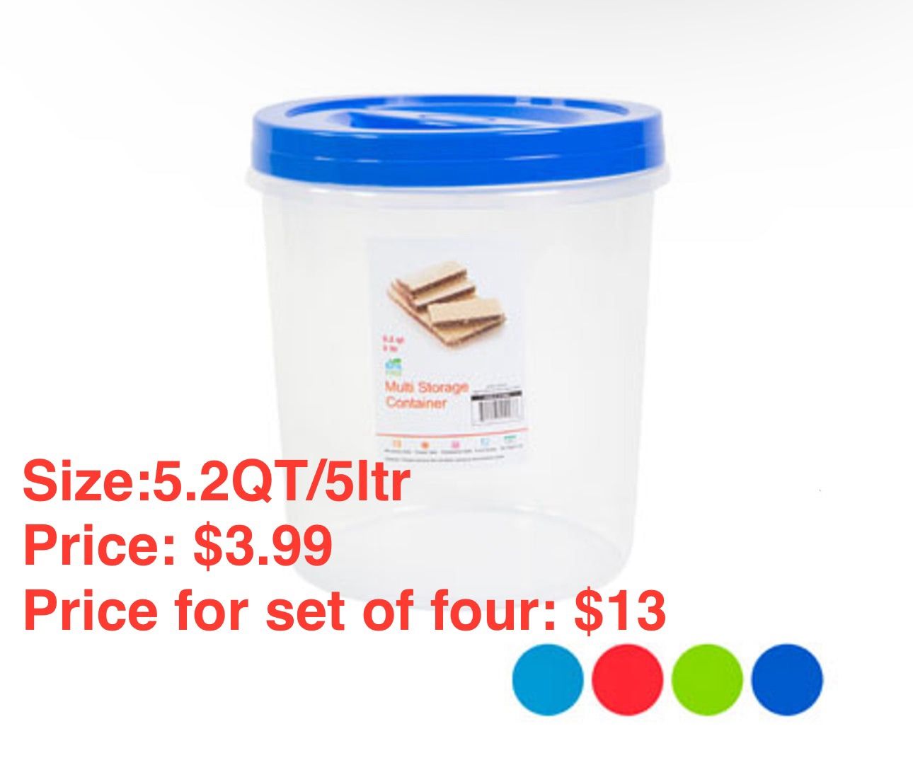 Storage Container 5.2 QT / 5.0L with Screw Top & 4 Color Lids | Crystal Clear Bottom | Model #CRYSTAL 7 - 14771