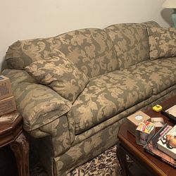 Fabric Loveseat Sofa With  Green And Yellowish Gold  Flower DesignLoveseat Sofa With Metal Folding Bed 