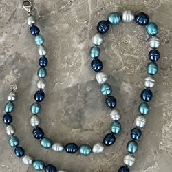HONORA - “NEW”Never Worn Multi-Blue Barrel Ringed Graduated 8-9 mm Pearl Strand w/Sterling Clasp, 20” L Org. $48