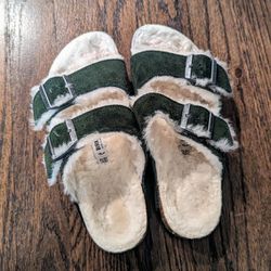 Birkenstock Arizona Shearling-Lined Sandals 37 Deep Forest Green Suede Leather $160