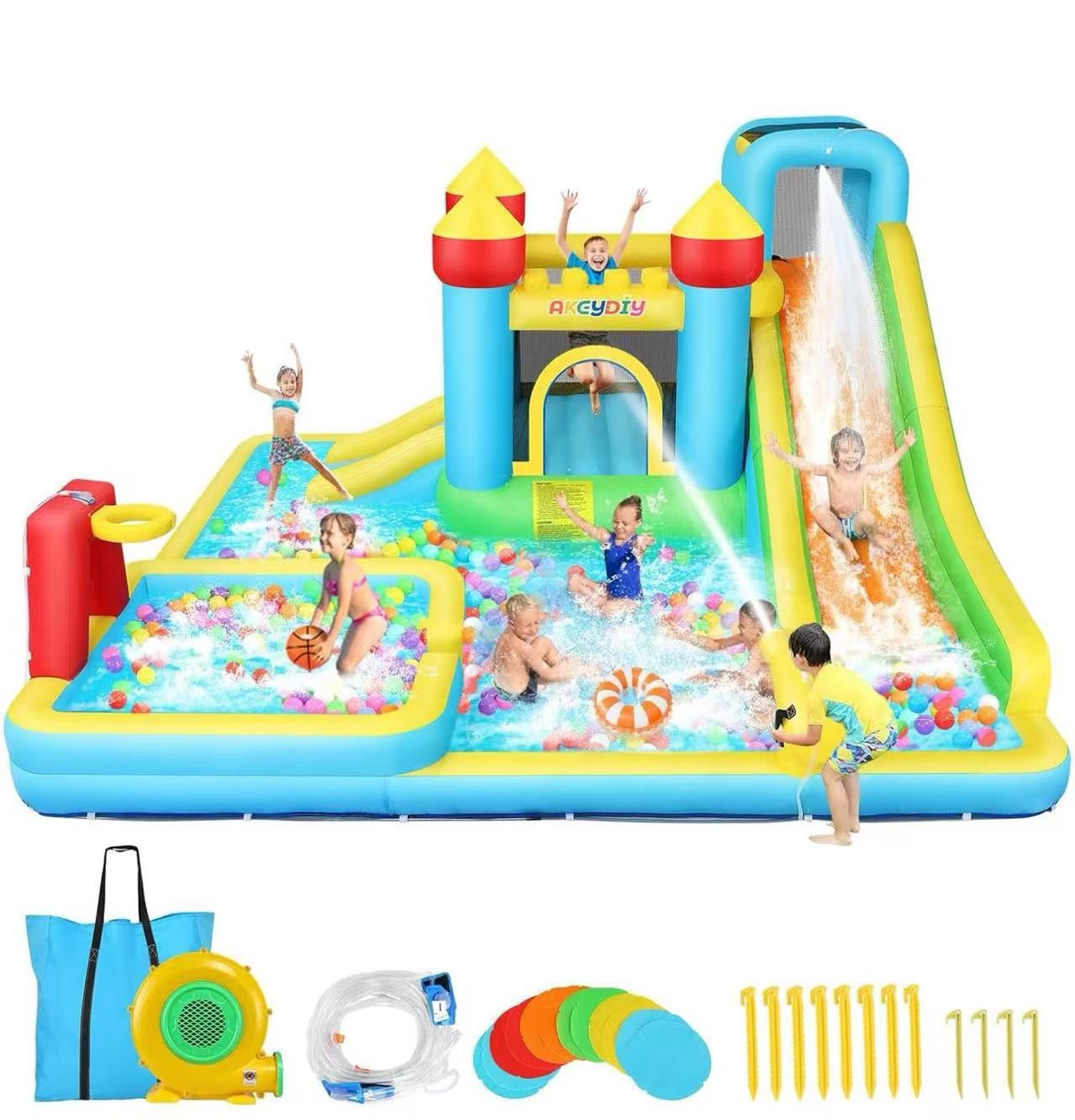 AKEYDIY Inflatable Water Slide Bounce House for Kids 3-12, Mega Water Bounce House Park w/ 2 Slides, Splash Pool & Deep Pool, Basketball Hoop, Water C