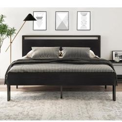King Size Metal Platform Bed Frame with Wooden Headboard and Footboard, Black W-4