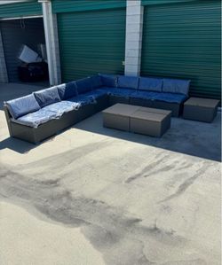 Patio sofa set gray frame navy blue cushions outdoor patio furniture 🆕✅☑️