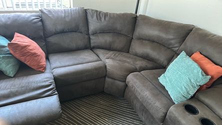 Gray couch to recliners in couch. Gray recliner chair.