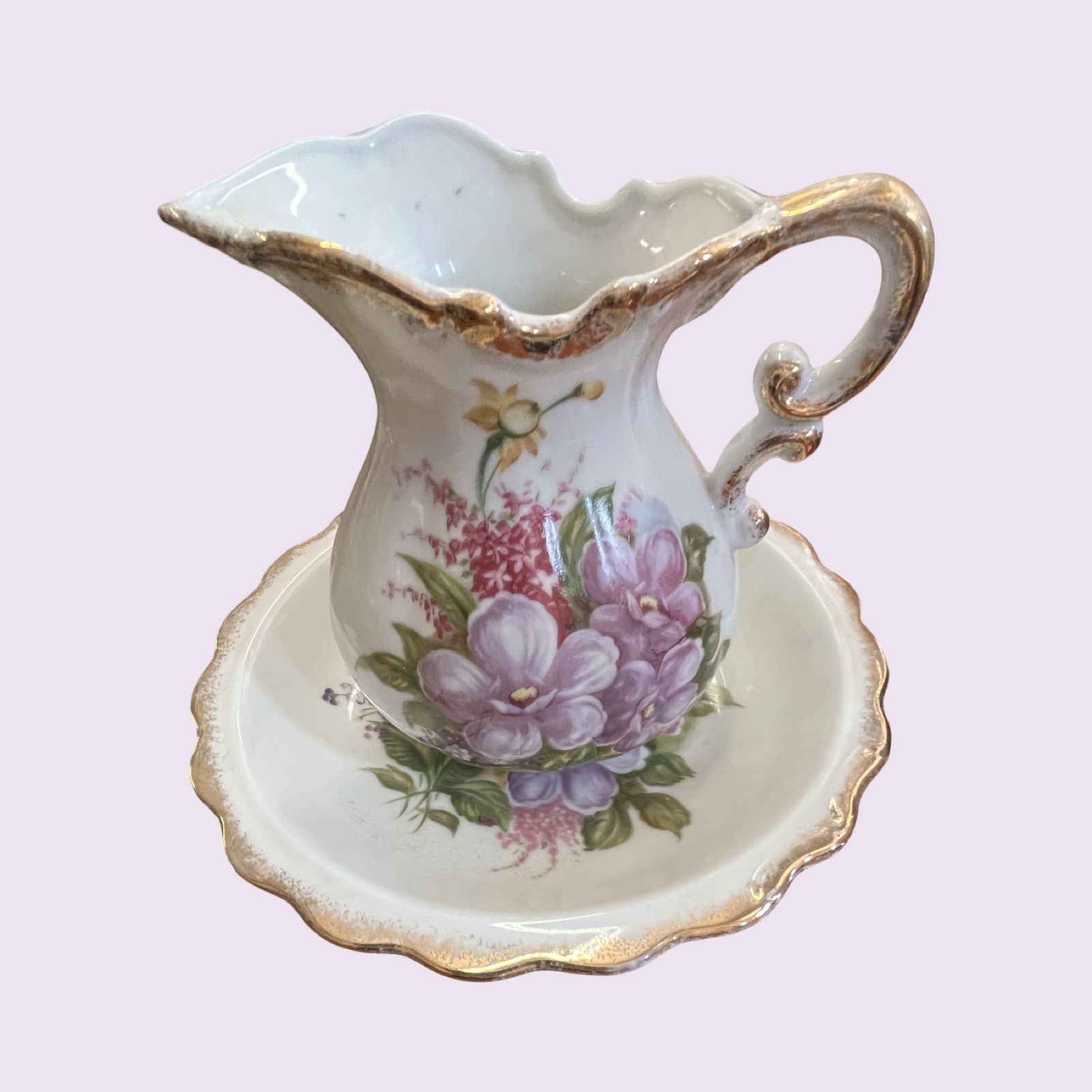 Vtg ROYAL CROWN FINE CHINA With Gold PITCHER & Basin Hand Painted Roses 44/246