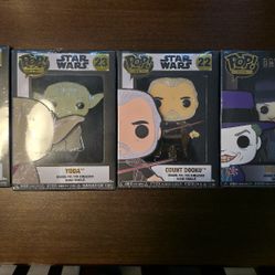 Star Wars Funko Pops + Joker Pin – Yoda, R2-D2, Count Dooku