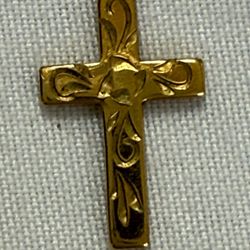 vintage 12K gold-filled etched Christian cross pendant, consistent with the description "little princess company baptismal cross vintage 1950's 12k