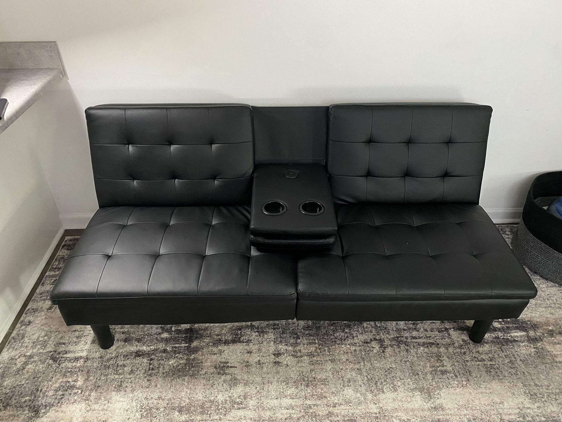 Mainstays Memory Foam 71.5" Futon with Cupholder and USB, Black Faux Leather