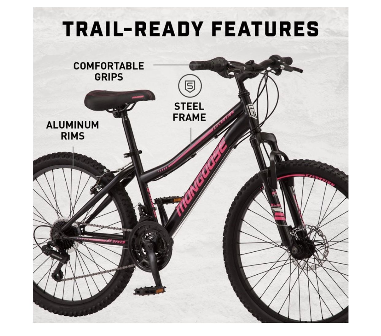 New Mongoose Excursion Mountain Bike, 24 inch wheel, 21 speeds, black