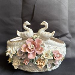 Vintage Swan Floral Porcelain Bowl Planter