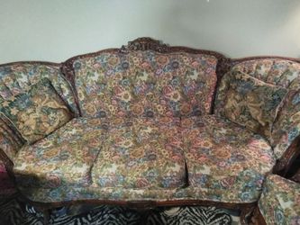 Angel floral antique couch and chair new upholstery detailed wood carving