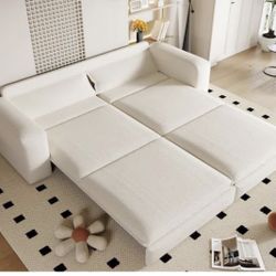 3-in-1 Convertible 93 in. Beige Teddy Fabric King Size Pull-out Sofa Bed with 2 Lumbar Pillows