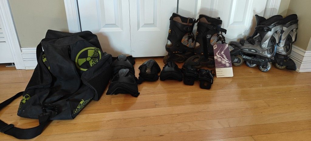 2 Pair In-line Skates + Gear Bag & Protective Equipment