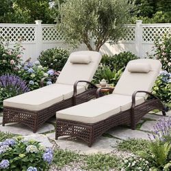 2-Piece Metal Wicker Outdoor Chaise Lounge with Khaki Cushions and Armrest