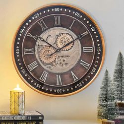 CLXEAST 24 Inch Wall Clock with Moving Gears,Oversized Large Industrial Steampunk Wall Clock, Antique Gold Metal Roman Numeral Wall Clocks for Farmhou