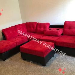 Red Sectional Fabric W Ottoman New Box 