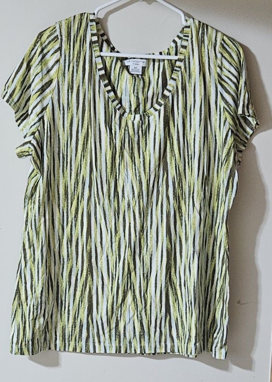 2X Liz Claiborne Women’s Green Ivory And Black Short Sleeve