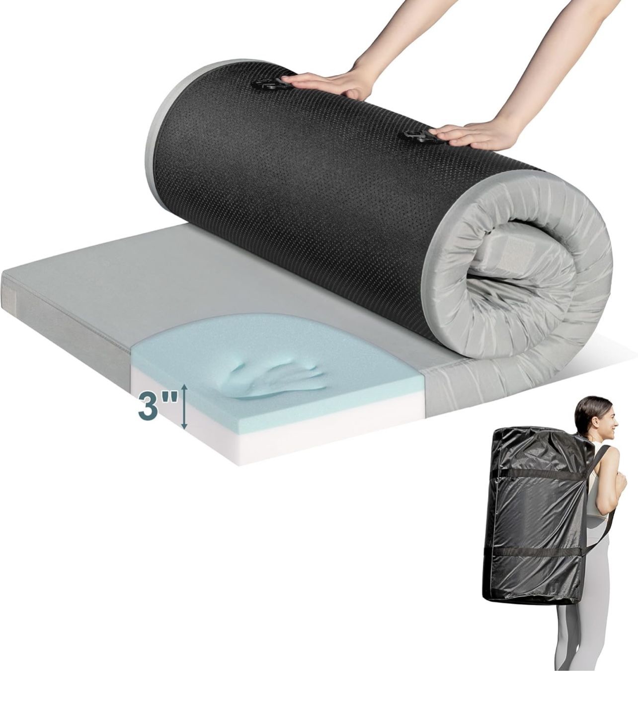 Memory Foam Camping Mattress Pad, Waterproof Portable Roll Up Mattress for Adults, Thick Floor Sleeping Mat Pad for Car Truck Tent with Tr