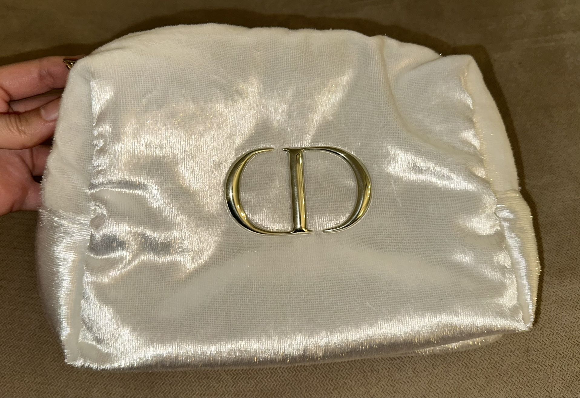 Christian Dior Beauty Cosmetic Makeup Bag white fabric with glitter sheen New