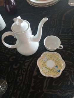 White Ceramic Teapot with Lid, and Single Cup with Saucer