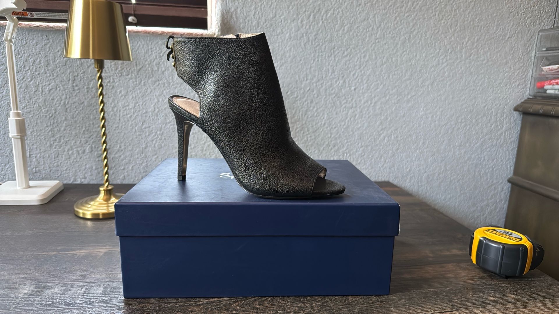 Black Leather Open Toe Booties