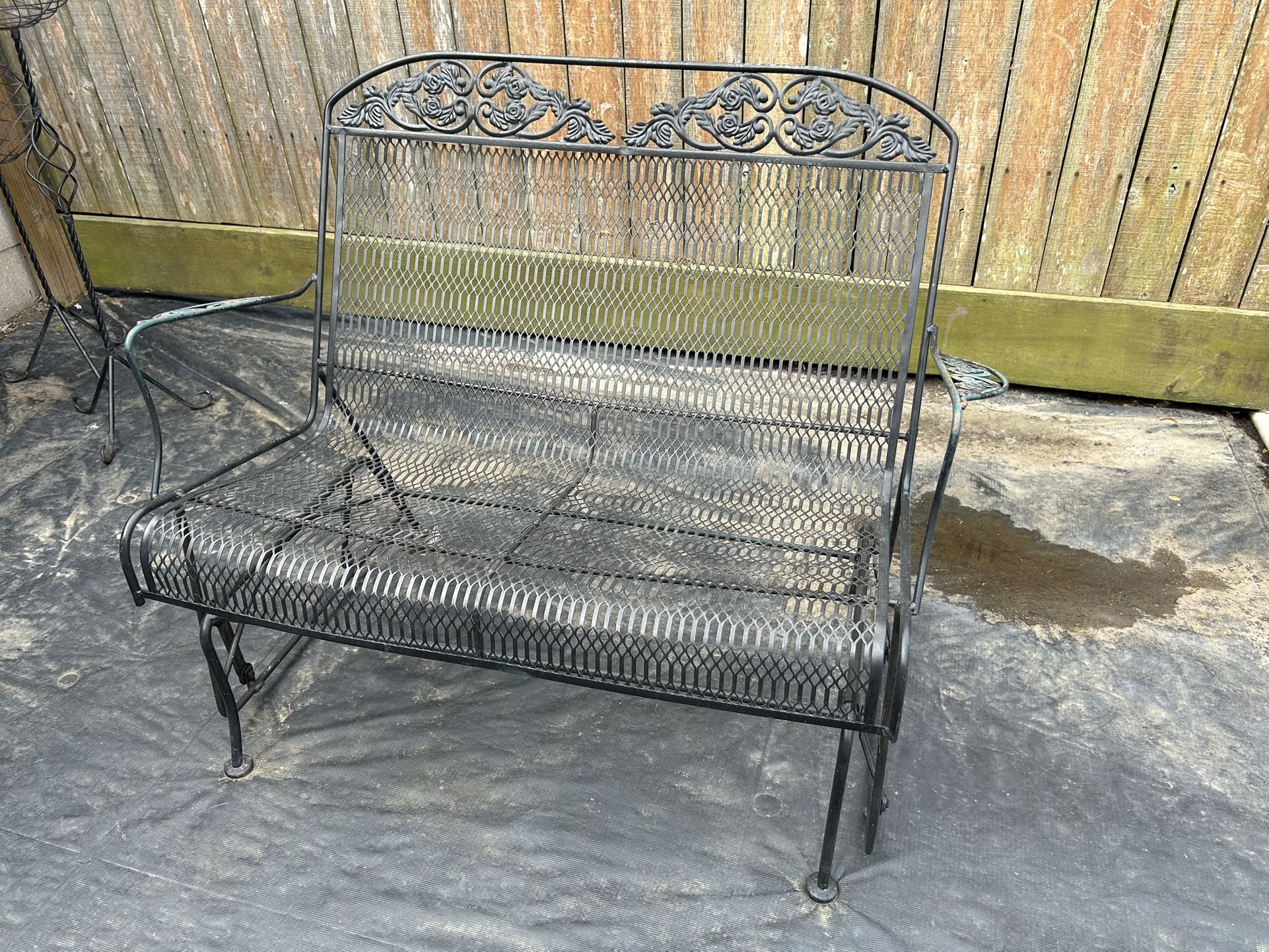 Vintage Wrought Iron Sheet Metal Loveseat Glider Bench Chair