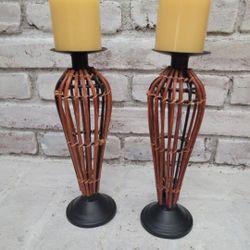 Set Of Two Rattan Candle Holders 