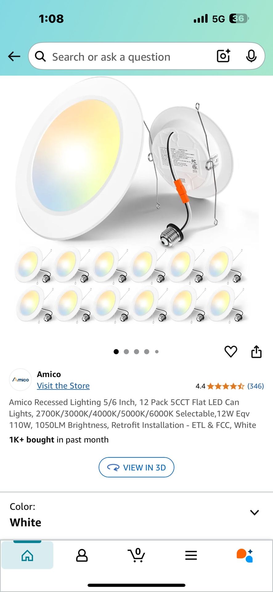 Amico Recessed Lighting 5/6 Inch, 12 Pack 5CCT Flat LED Can Lights, 2700K/3000K/4000K/5000K/6000K Selectable, 12W Eqv 110W, 1050LM Brightness, Retrofi