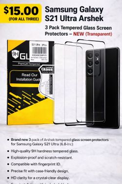 Samsung Galaxy S21 Ultra Screen Protector 3-Pack – NEW (Arshek 9H Tempered Glass)