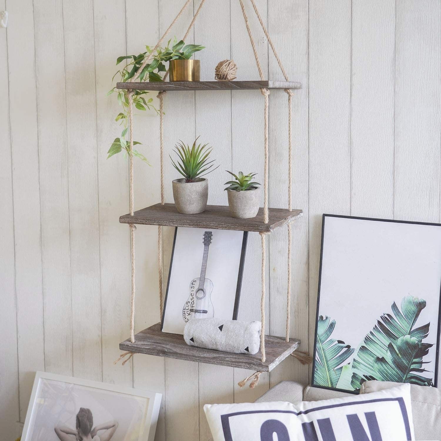 Decorative Wall Hanging Shelf, 3 Tier Distressed Wood Jute Rope Floating Shelves, Rustic Home Wall Decor