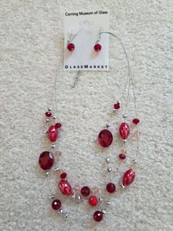 red bead necklace and matching earring set from the Corning Museum of Glass GlassMarket