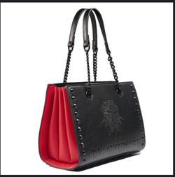 BLACKCRAFT - Sleek Black Purse With Red Gusset Sides & a Classy Black Rose Design.