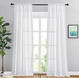 White Faux Linen Semi-Sheer Curtains – 108” Long (2 Panels) | Light Filtering + Privacy