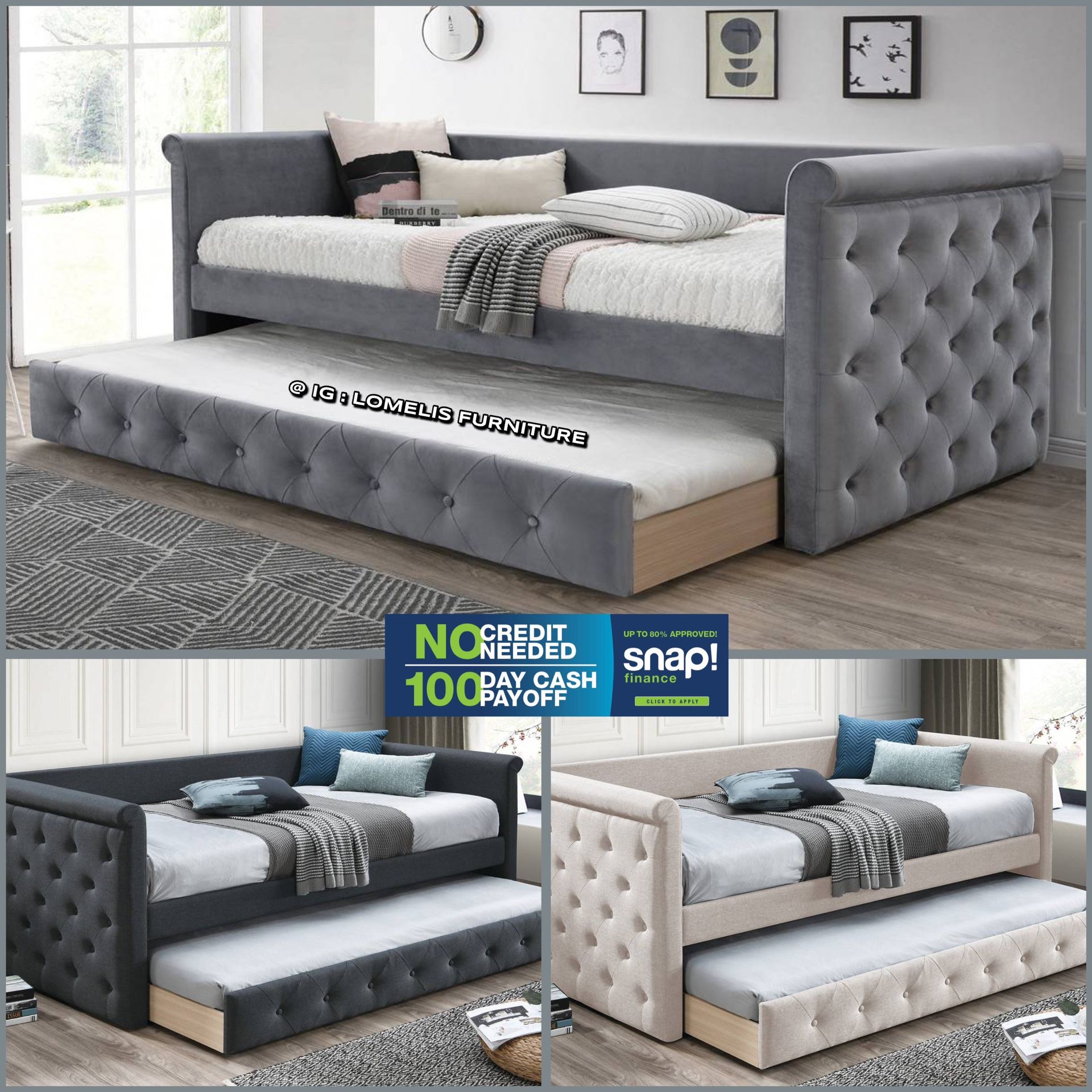 Twin/Twin Gray European Style Tufted Daybed w. Orthopedic Mattresses Included