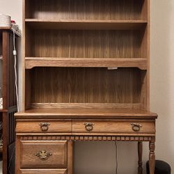 Beautiful Antique Solid Oak Writing Desk With Removable Hutch, Shelves And Drawers