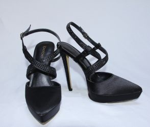 Bebe Black Satin Stilettos With Rhinestone Heel, Size 8