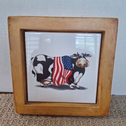 Patriotic Cow Ceramic Tile in Ceramic Frame