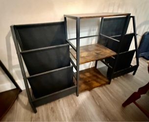 Industrial Style Metal and Wood Shelving Unit with Record Racks