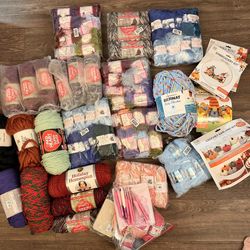 Yarn HUGE Lot With Crochet Hooks And NEW Kits