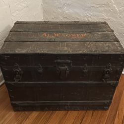 CA Taylor Trunk Works Antique Flat Top Steamer Chest