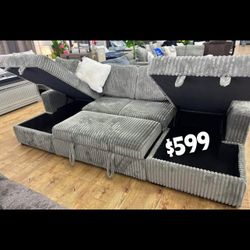 Jumbo corduroy 3-Piece Convertible Sectional
Sleeper Sofa & 2 Chaise Storage - Smoke color