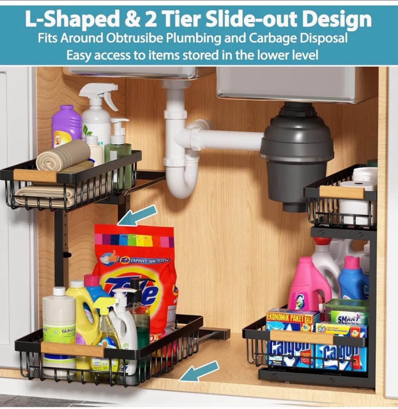 Set of 2 Metal Under Sink Organizer Shelves Storage with Pull Out Basket New Condition Assembled