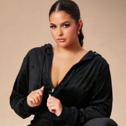 Fashion Nova Velour Zip Up Hoodie- Black Size 1X