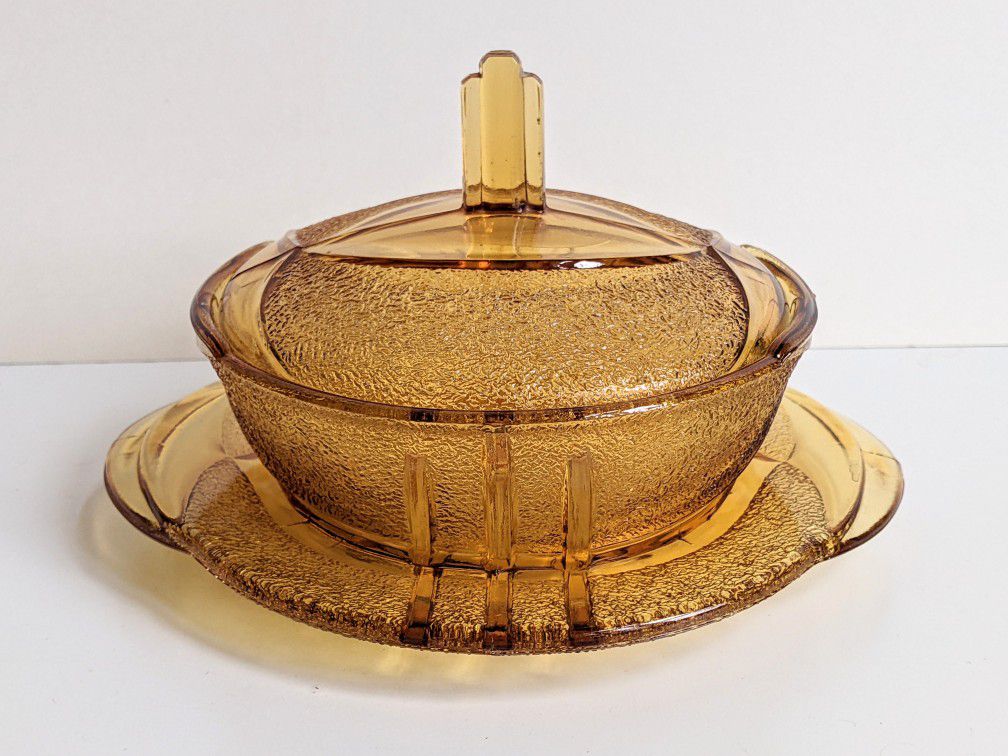 Vintage Art Deco Amber Glass Butter Dish & Cover