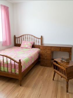 ​​Matching Ethan Allen Solid Maple 3-Piece Bedroom Set (Queen Spindle Bed, Desk & Dough Box Table)