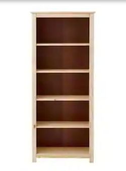 Unfinished pine wood bookcase has five open shelves and a natural light wood grain.