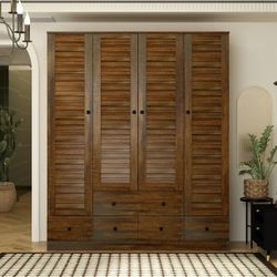 MOUMON 4 Shutter Door Wardrobe Armoire Closet with Shelves and Drawers, Armoire Wardrobe Closet with 2 Hanging Rods, for Bedroom Brown (59”W x 19”D x 