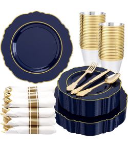 350PCS Navy Blue Plastic Patriotic Plates-Disposable Blue Gold Plates 50guest