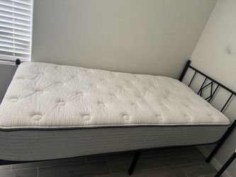 Twin Mattress and Black Metal Bed Frame